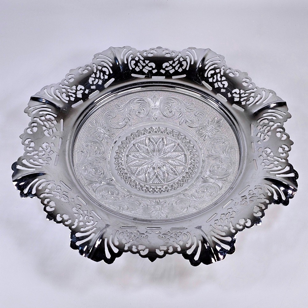 Vintage Farber Brotherr Krome Kraft Silver Plated Pierced Rim Tray Glass Center